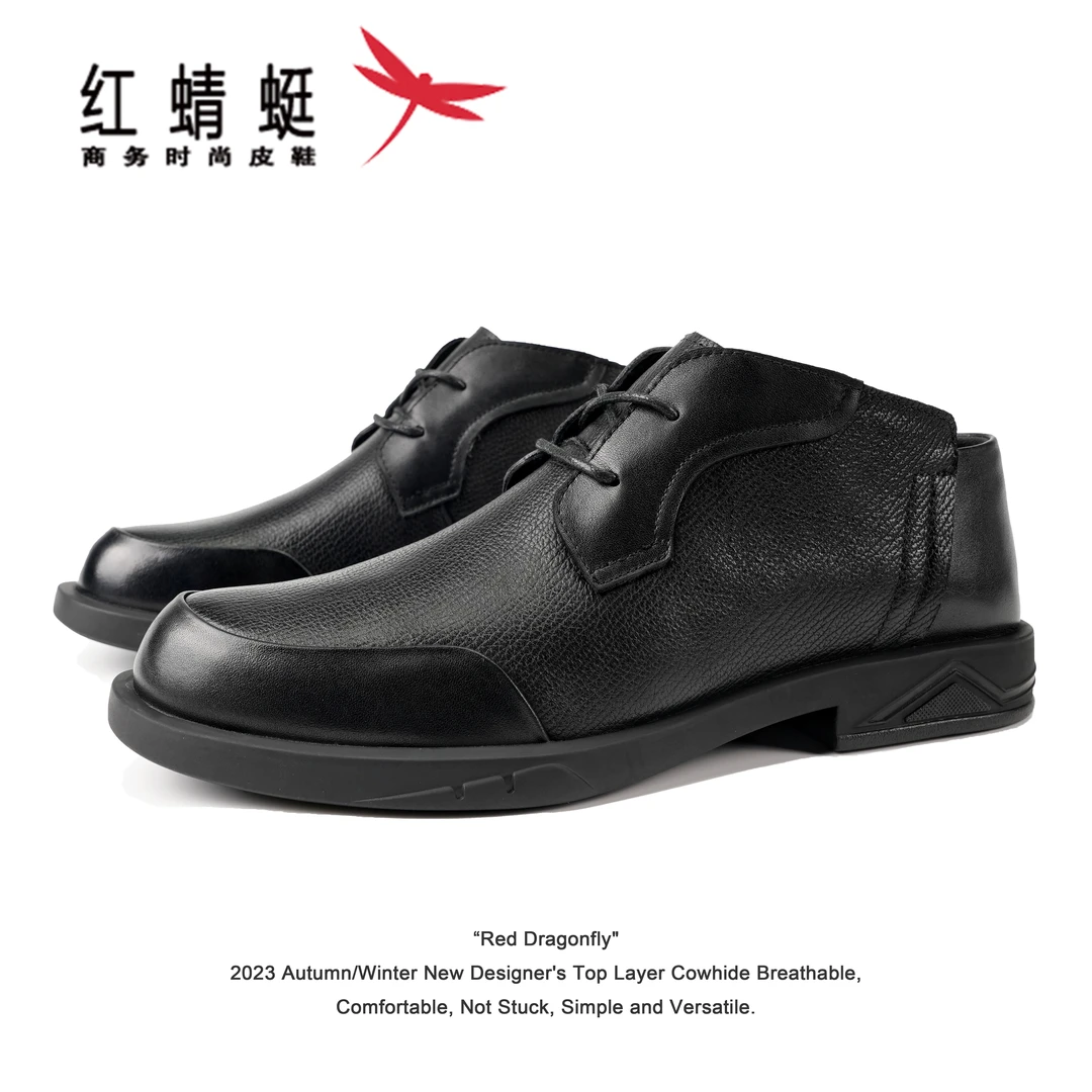 红蜻蜓2025春季头层牛皮时尚休闲工装靴英伦风舒适黑色百搭系带