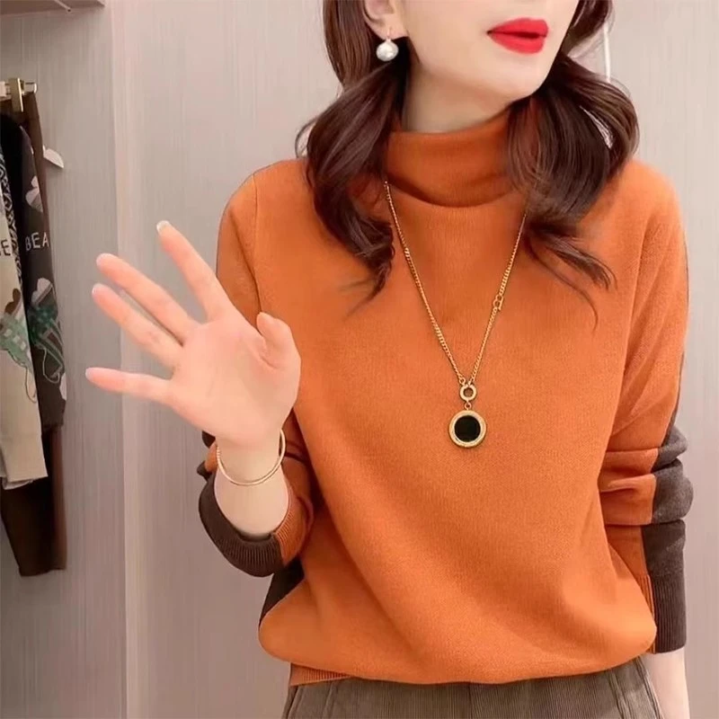 2023秋季新款拼色堆堆领毛衣女套头高领针织衫上衣显瘦藏肉打底衫