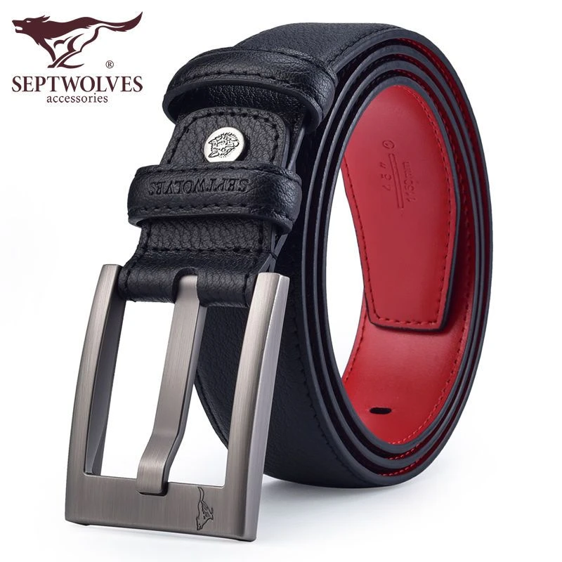 正品七匹狼红色男士皮带真皮针扣新款结婚本命年高档男款牛皮腰带