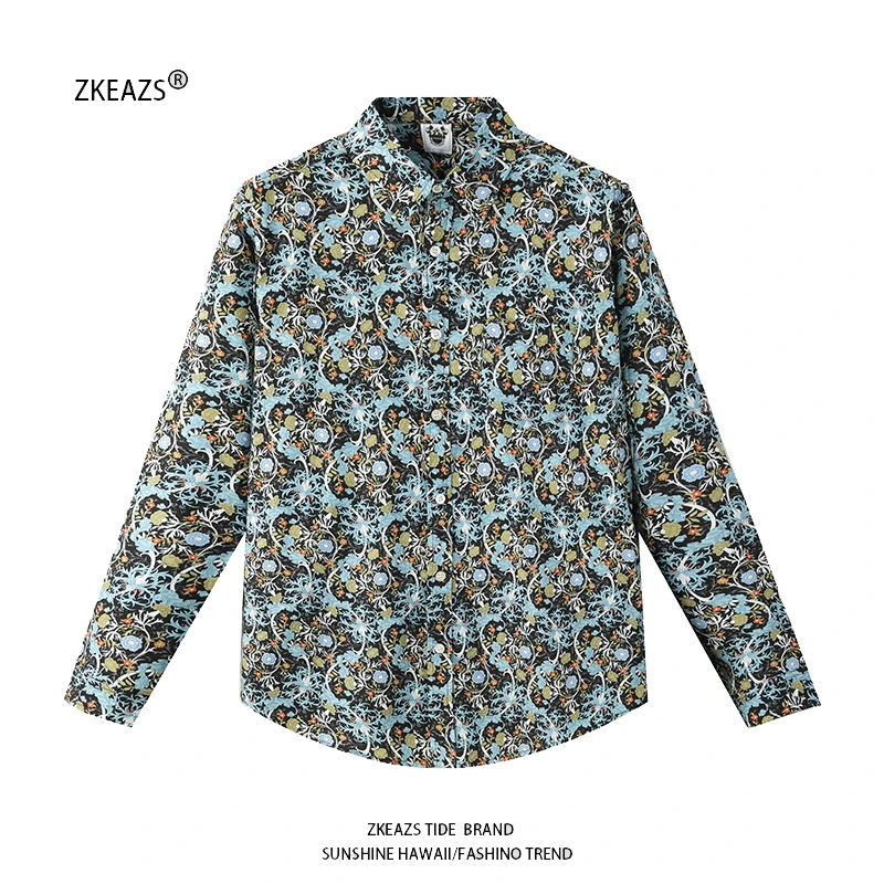 vintage长袖花衬衫男高级感轻熟复古港风绅士痞帅碎花纯棉衬衣潮