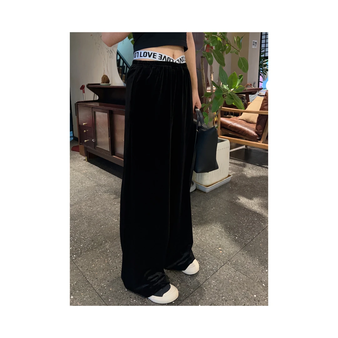 #P0412新款韩版松紧腰垂感丝绒阔腿裤