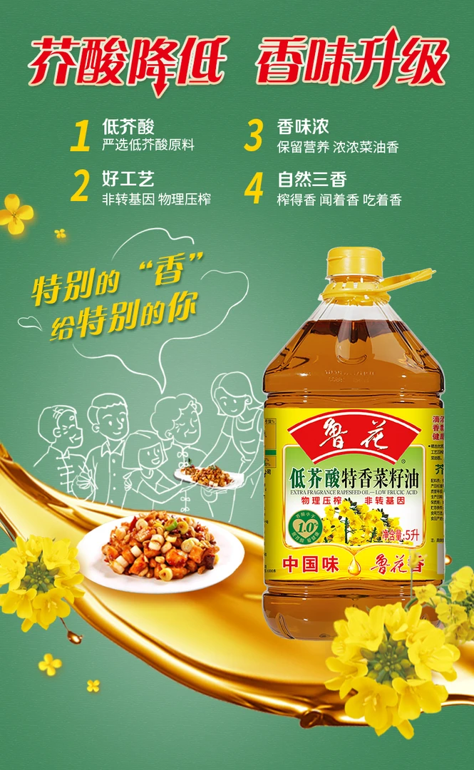 【浓香】鲁花5L低芥酸菜籽油压榨正宗非转营养家用特香食用油自然