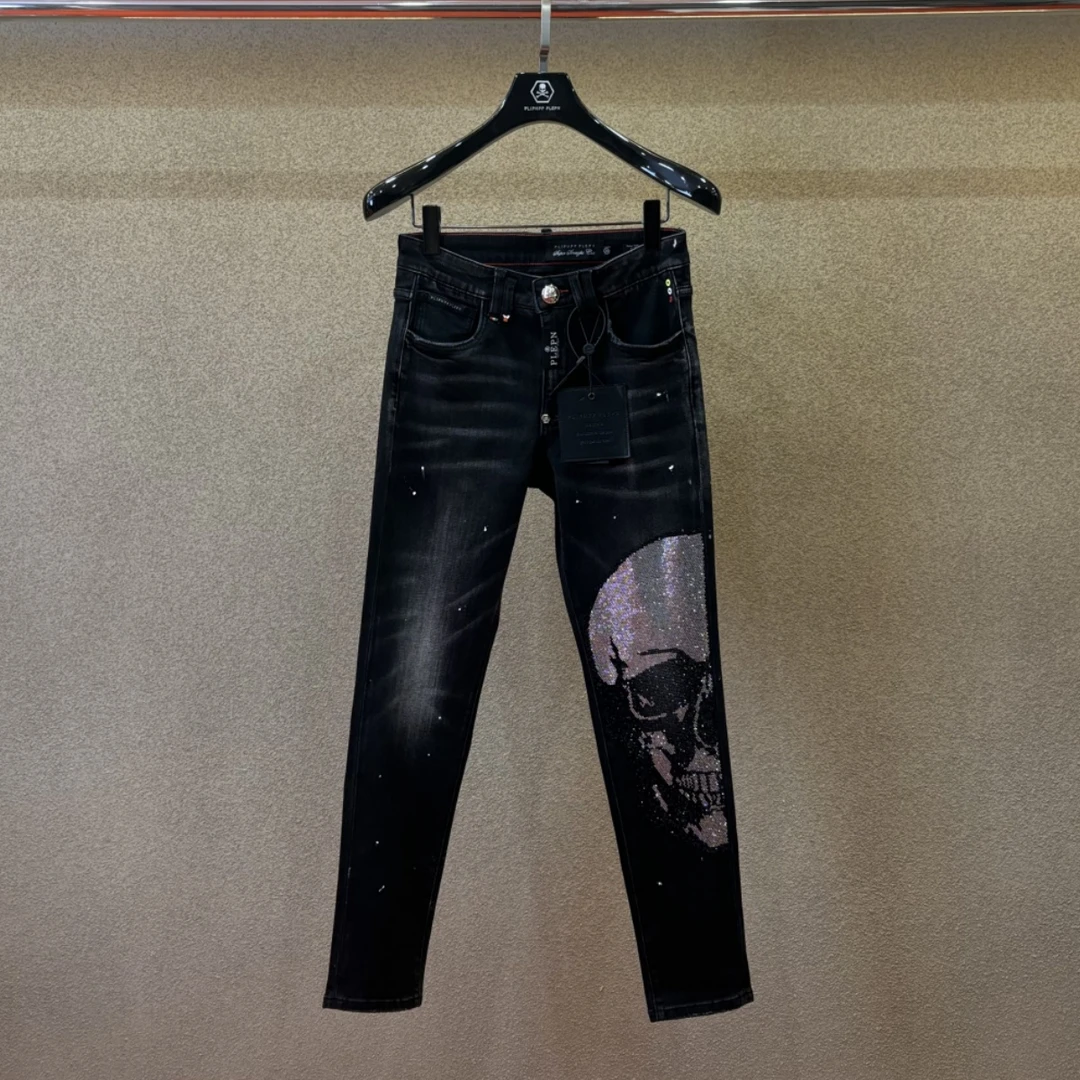 PLIPHPP PLEPN正品PP黑魔鬼烫钻高端男士修身弹力牛仔裤6308