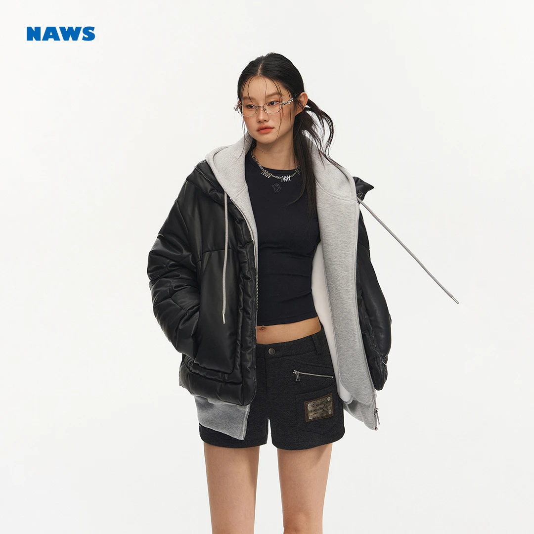 NAWS 泡芙棉服 蓬松3D立领黑色皮宽松加厚短外套