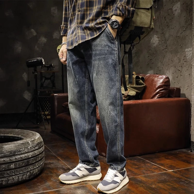 日系风格穿搭男士牛仔裤宽松直筒2023秋冬季潮流复古水洗老爹裤子