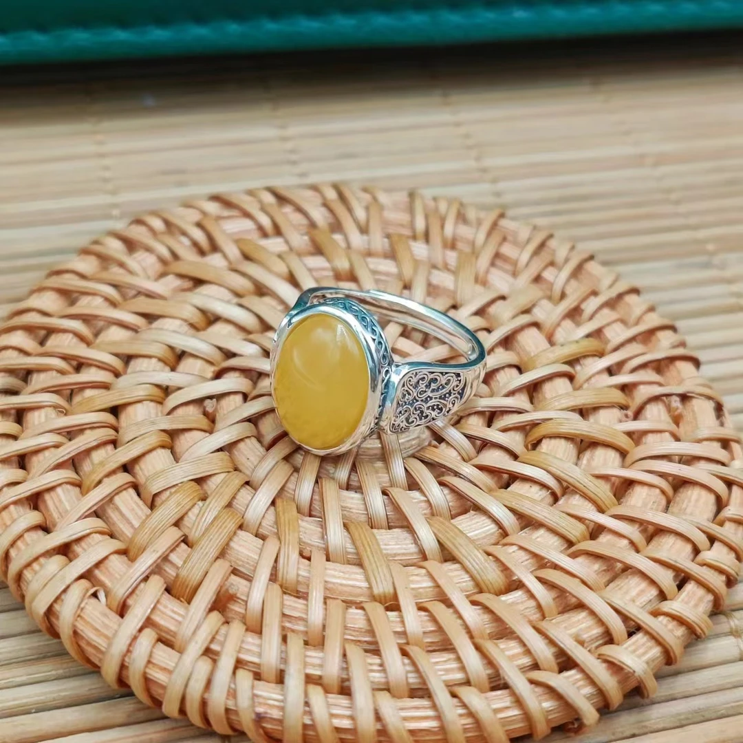 【银缘阁】s925简约蜜蜡祥云宽版银戒夏天时尚女士珠宝