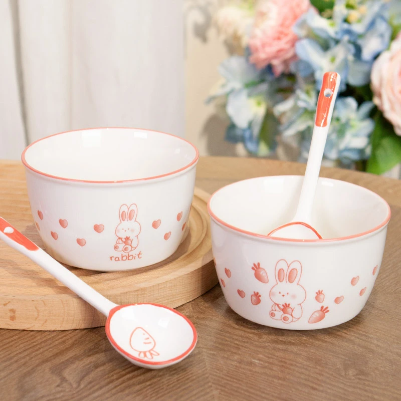 釉下彩动物系列兔子陶瓷米饭碗网红粉色系吃饭碗2碗2勺家用沙拉碗