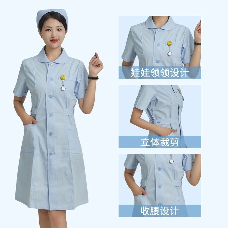 护士服女款短袖白色圆领白大褂娃娃领夏装短袖药店美容院工作服