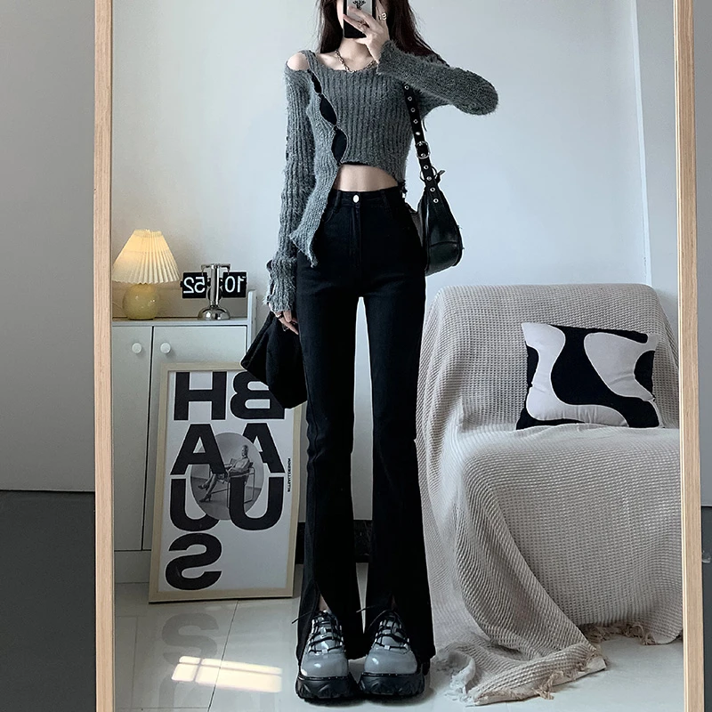 黑色微喇开叉牛仔裤女2025秋季新款大码高腰宽松显瘦直筒拖地裤潮