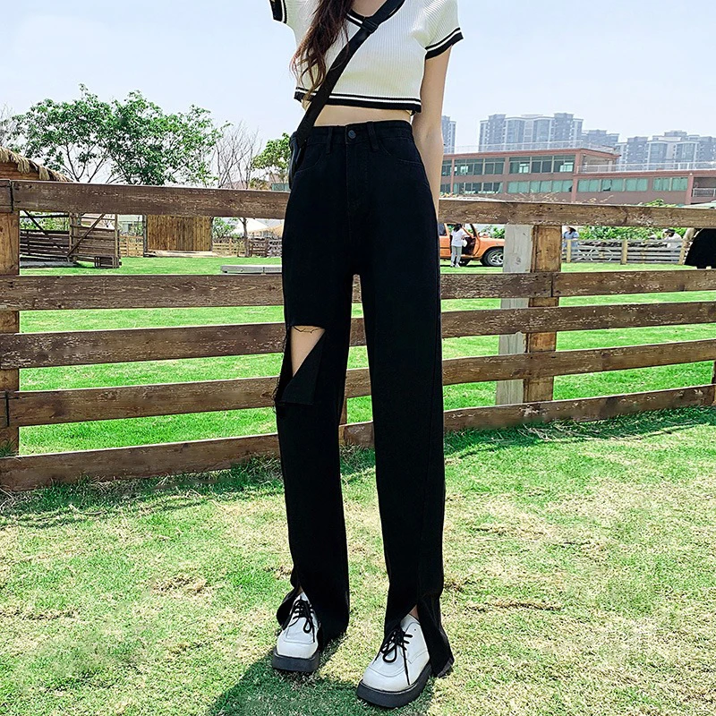 黑色破洞开叉牛仔裤女春夏大码胖MM宽松显瘦高腰直筒阔腿裤拖地裤