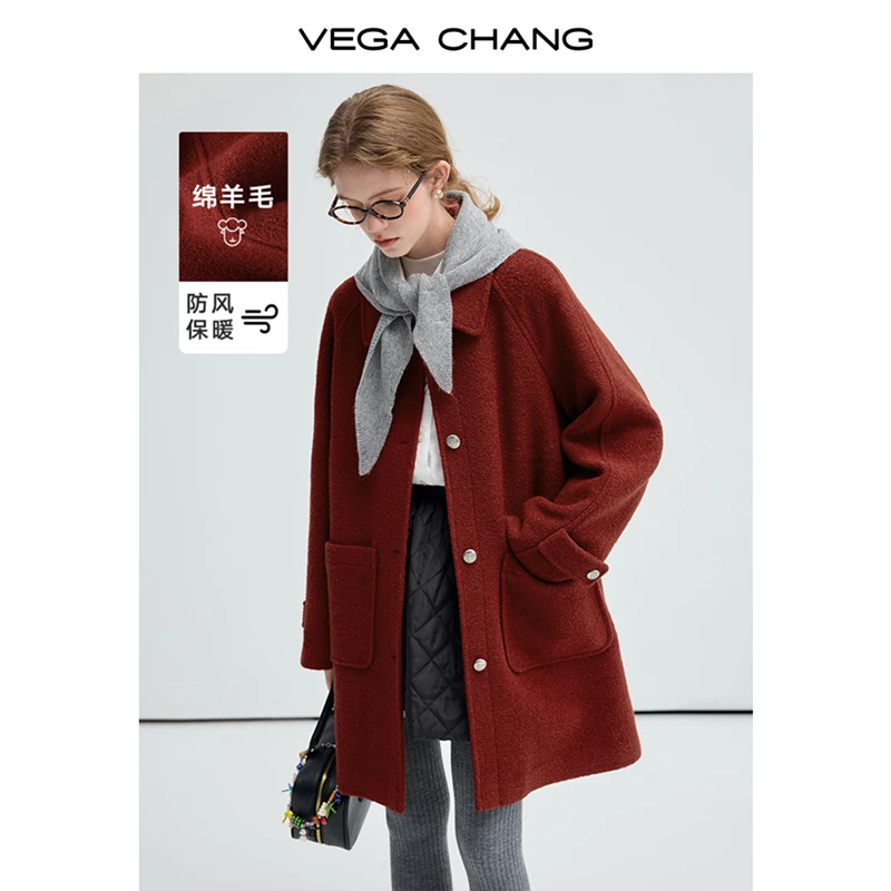 VEGA CHANG2024秋冬新款显白红色小个子减龄大衣氛围感外套