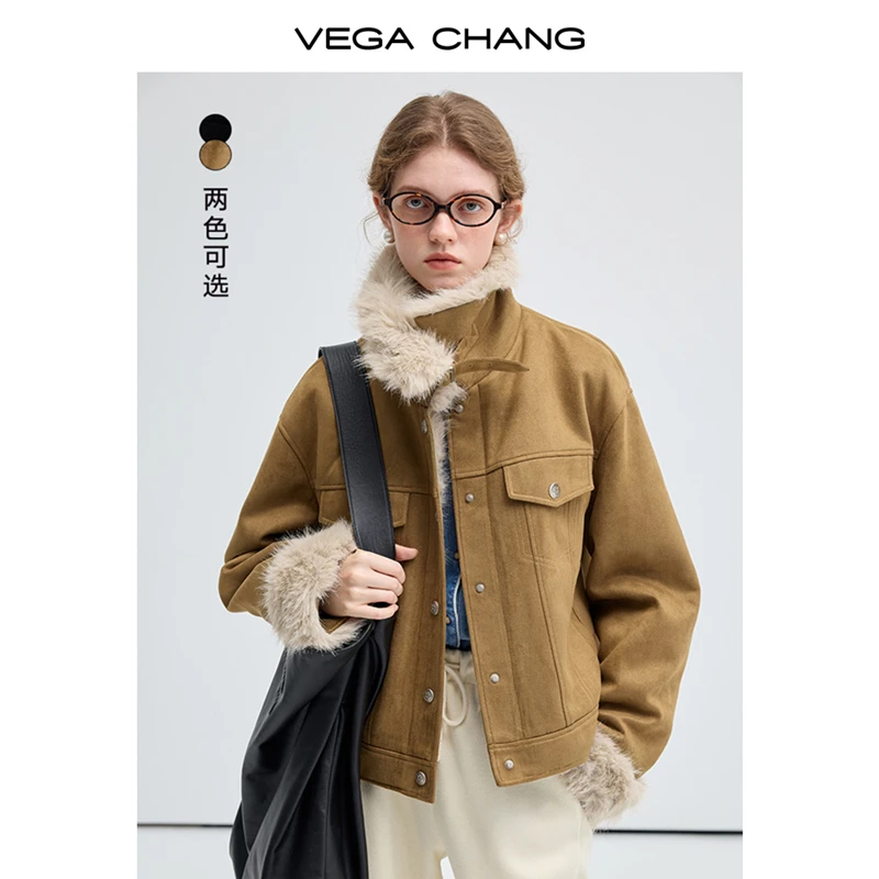 VEGA CHANG仿麂皮棉服女2024年冬季新款复古立领加厚保暖毛毛外套