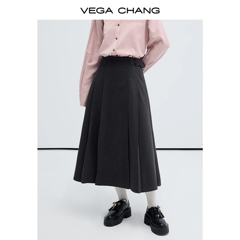 VEGA CHANG毛呢半身裙秋冬款女2024年高腰a字气质西装长款百褶裙