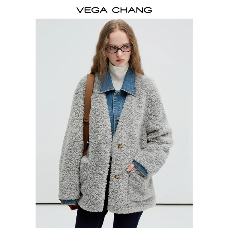 VEGA CHANG外套女2024年秋冬新款牛仔拼接假两件毛绒上衣