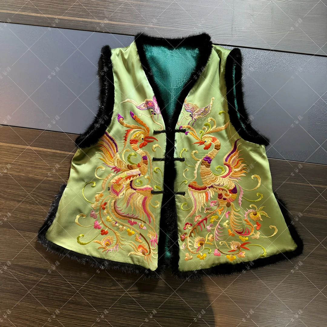 古苗疆2024秋冬新品新中式双凤吉祥手工刺绣马甲