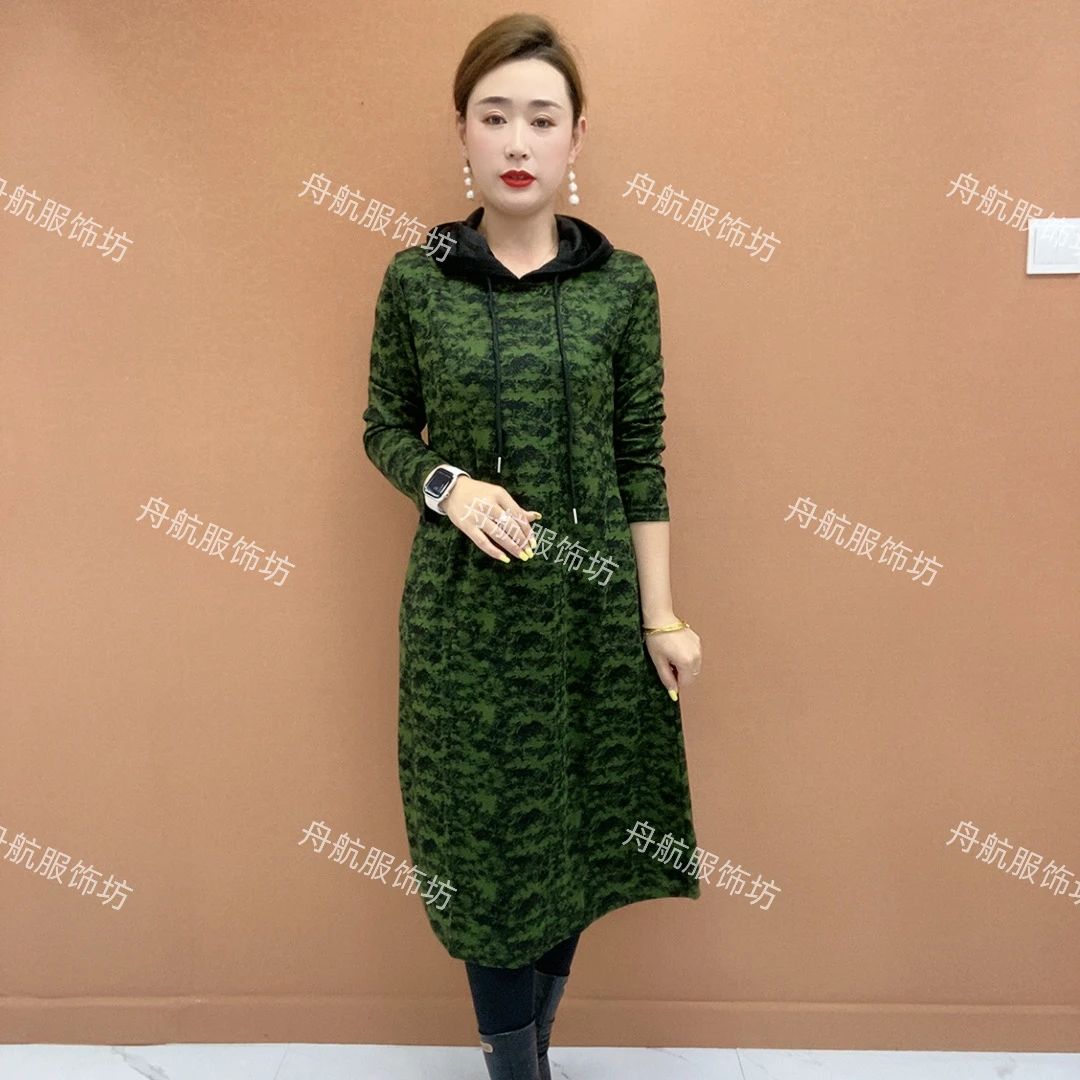 秋季新款连帽休闲连衣裙遮肉显瘦时尚百搭中老年女装大码气质长袖