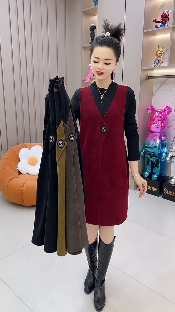 时尚气质显瘦拼接连衣裙中长款洋气假两件长袖女装