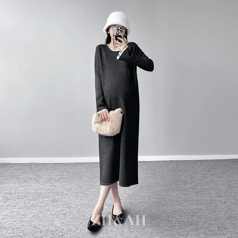 ZH&AH【落雪】冬季新款时尚气质百搭设计感通勤孕期简约加厚毛衣裙