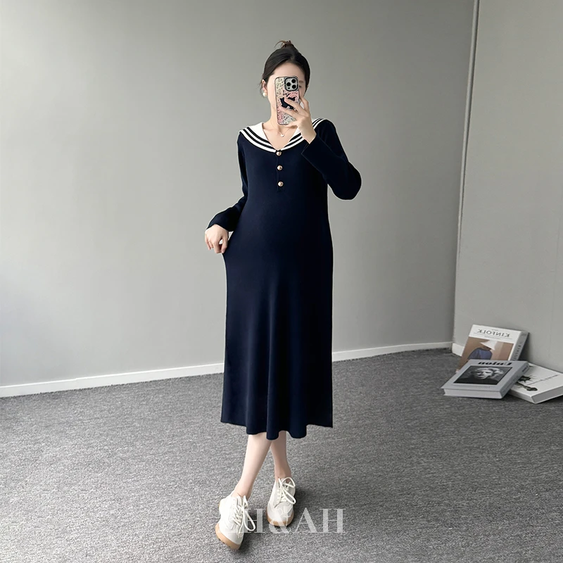 ZH&AH【英皇学院】秋季新款时尚百搭设计感孕期绵羊毛海军领毛衣裙