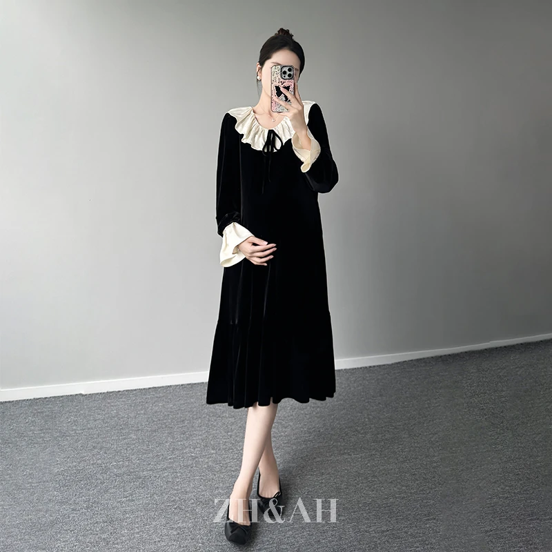 ZH&AH【法式优雅】秋季新款时尚气质百搭丝绒拼接缎面花边领丝绒裙