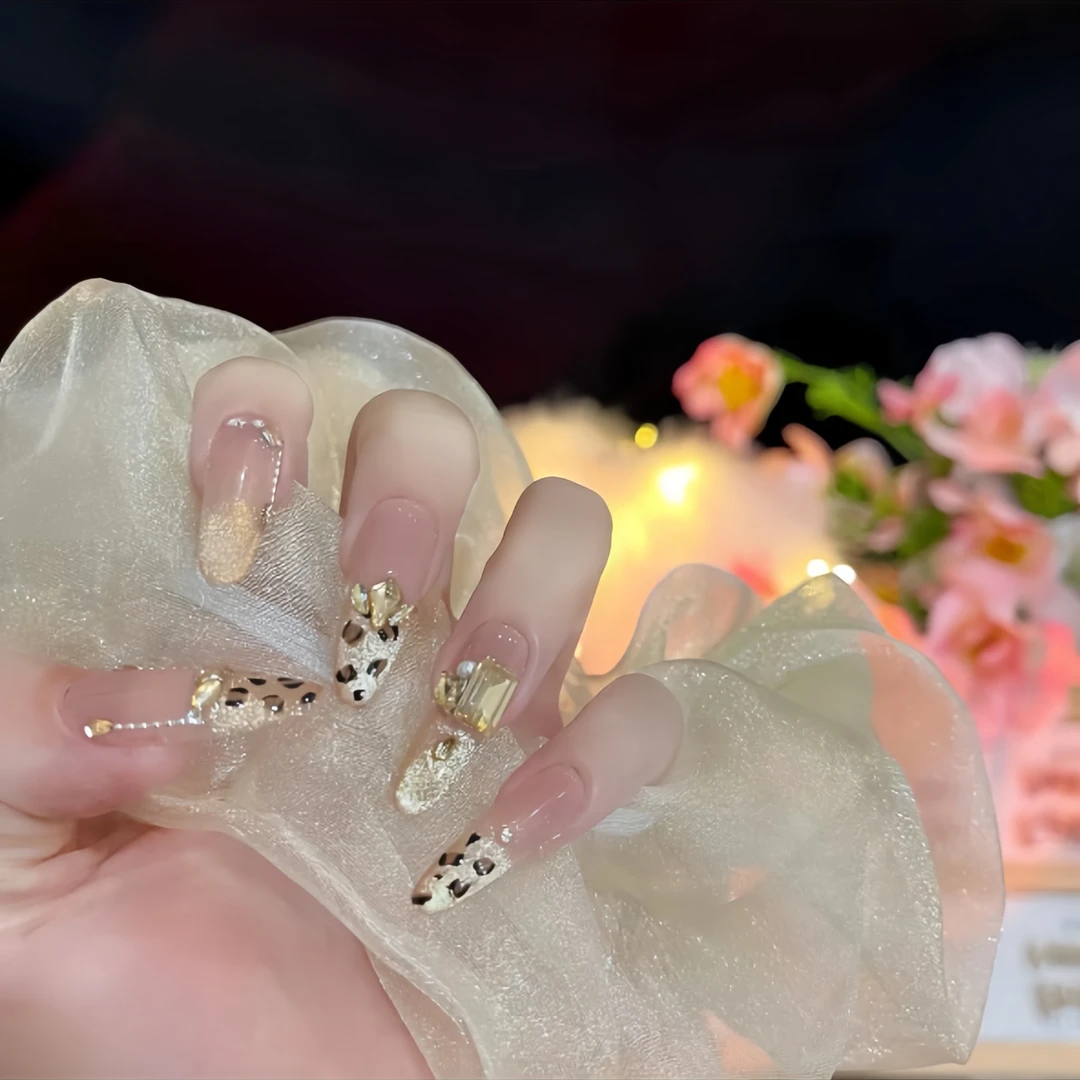 【落日熔金】美拉德系秋冬显白豹纹金猫眼纯手工穿戴甲美甲长椭圆