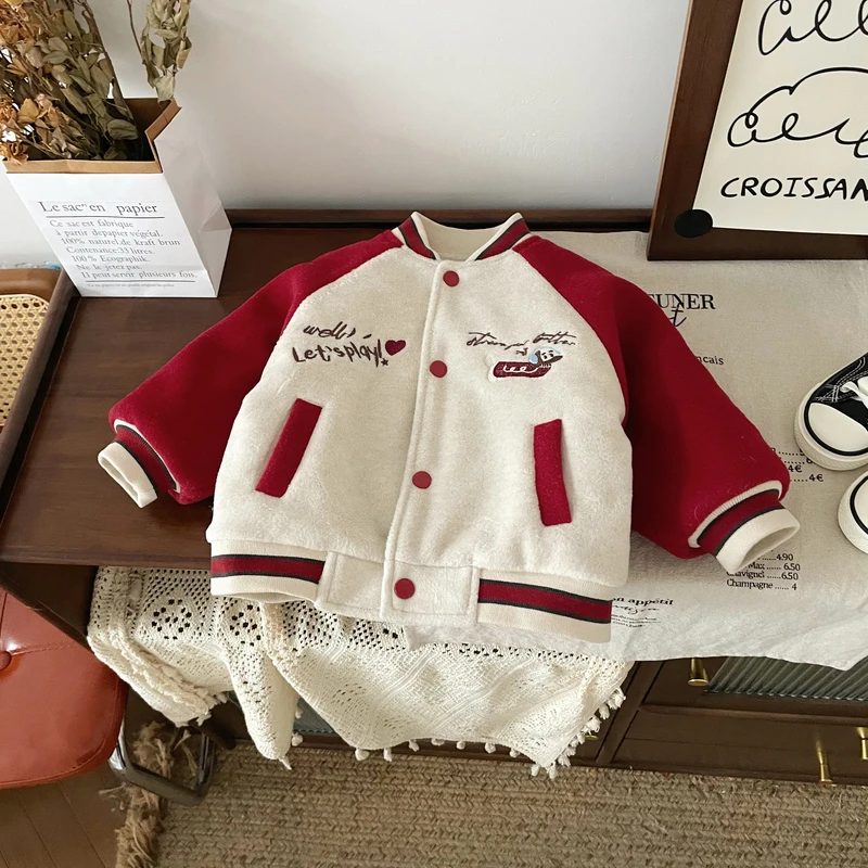 【小狗汪汪队】DW247791男童冬季毛呢外套加厚仿兔毛里布保暖棒球服