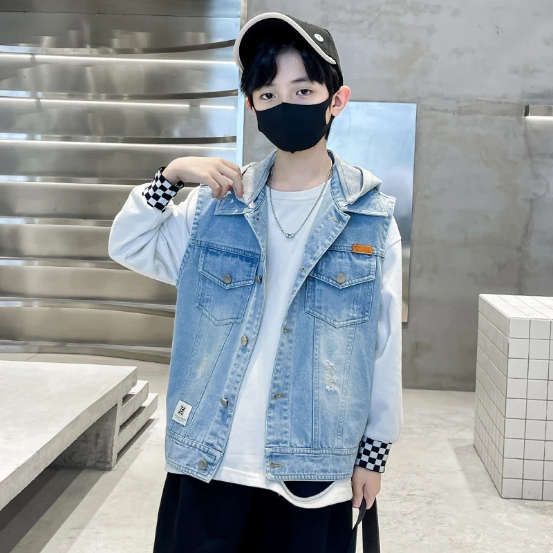 儿童装男童春装牛仔马甲2024新款中大童春秋款男孩春季工装背心潮