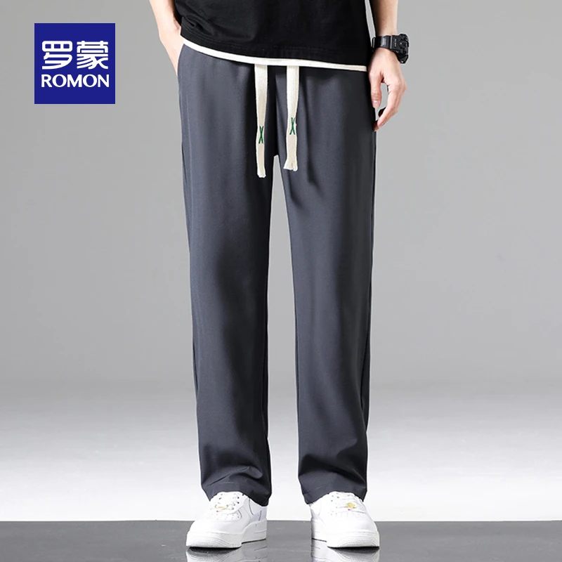 罗蒙男士休闲裤2023夏季薄款宽松舒适弹力抽绳长裤中青年直筒裤男