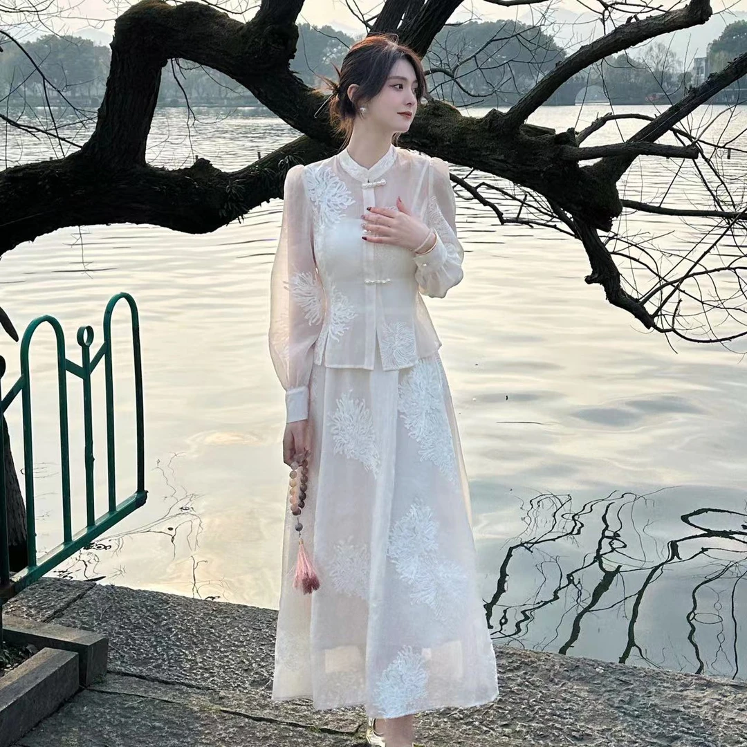 T19333F春季短外套上衣国风盘扣直筒半身裙套装