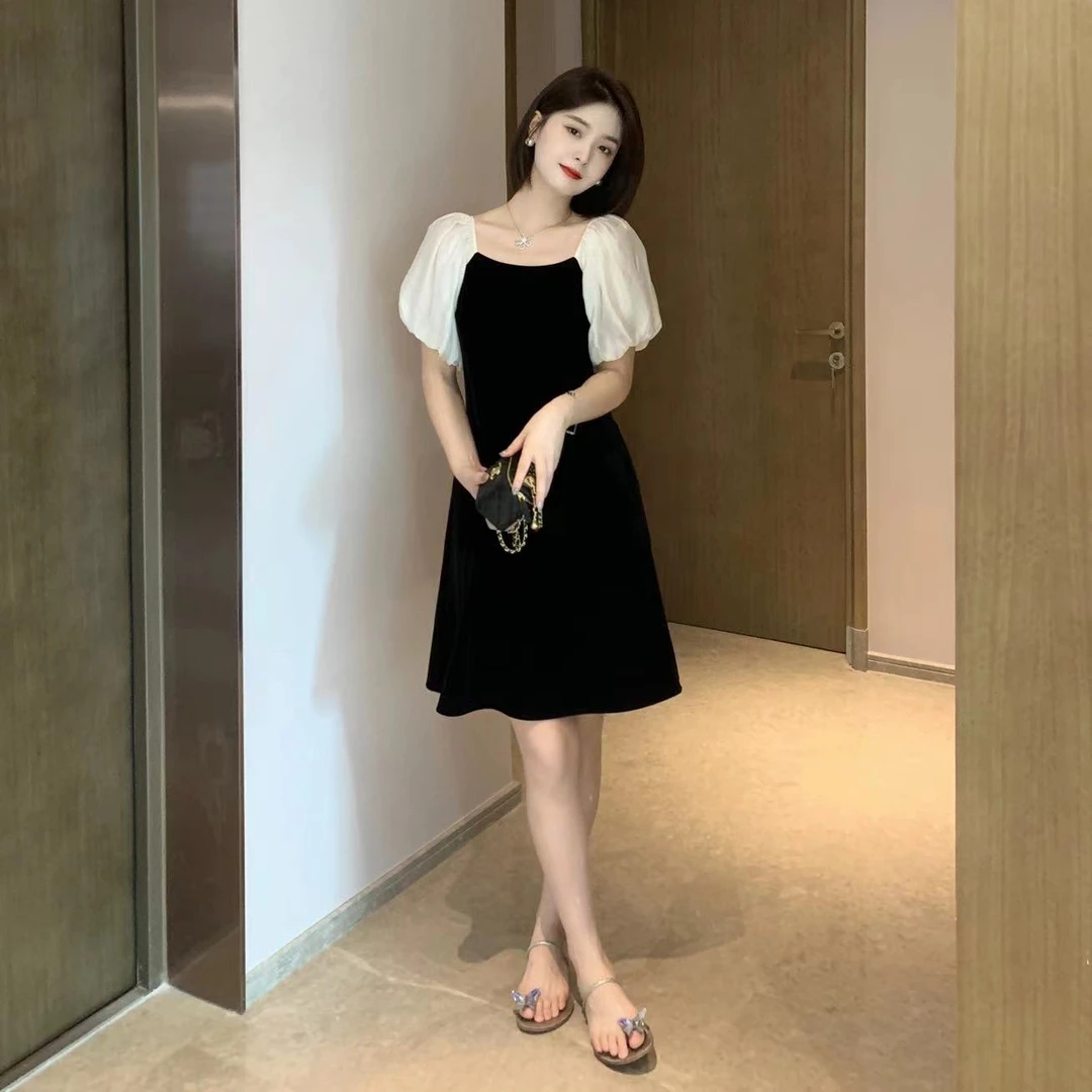 LZY知音-D17336Z夏季拼色短袖连衣裙气质显瘦小黑裙小个子百搭裙