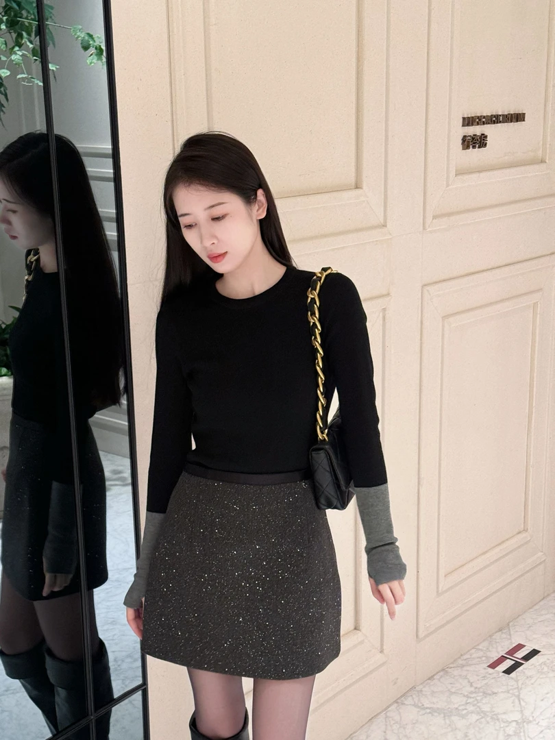 罗一一【T10140TL】圆领撞色袖口拼接修身打底长袖针织衫女秋冬内搭