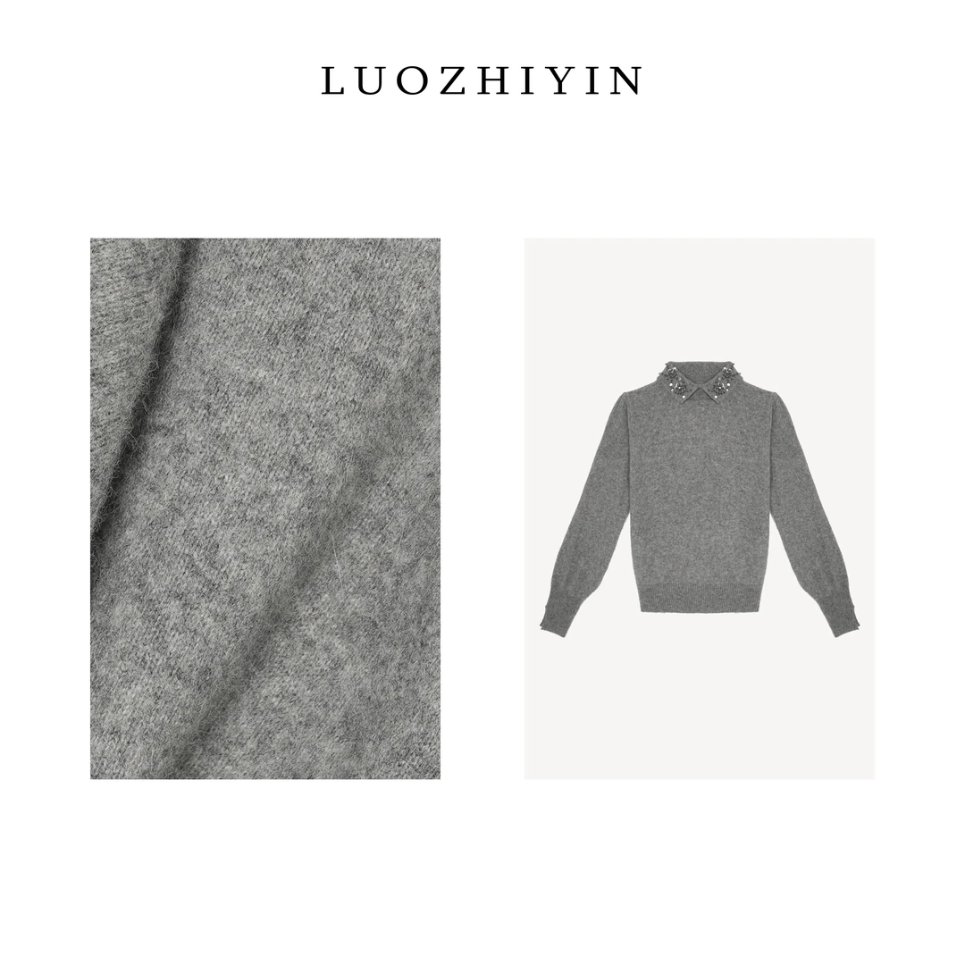 T611735TZ设计感小翻领手工钉珠针织毛衣