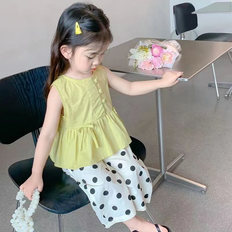 2024夏装洋气中大童宽肩波点背心新款宝宝女童外穿套装