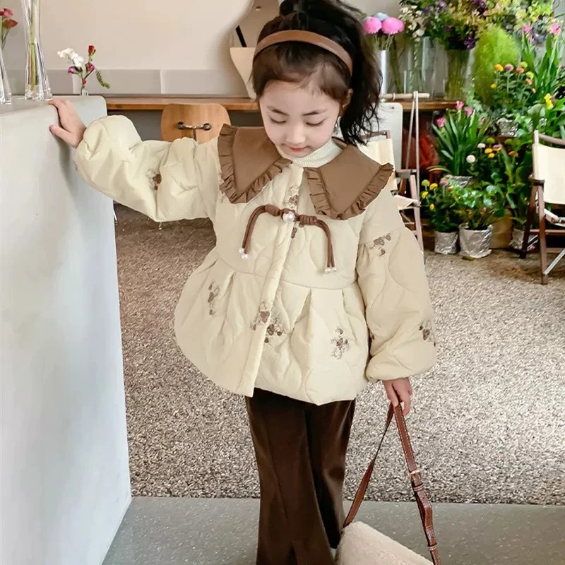 新款女宝宝加绒加厚娃娃领翻领韩版收腰刺绣梅花绗棉拼接棉服外套