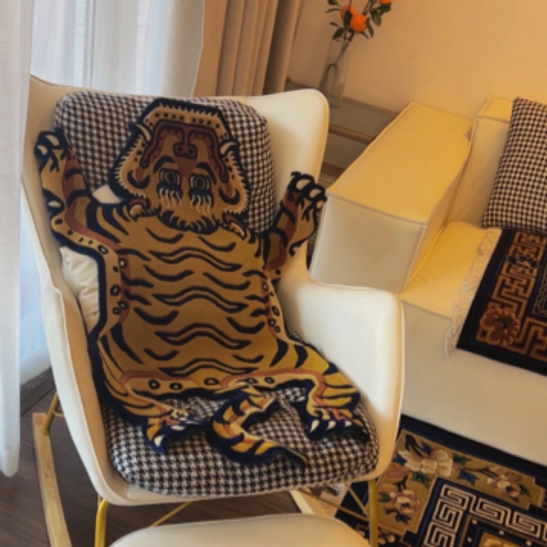 尼泊尔风格藏式老虎装饰垫子100*60轻奢沙发毯复古民族风卧室毯子