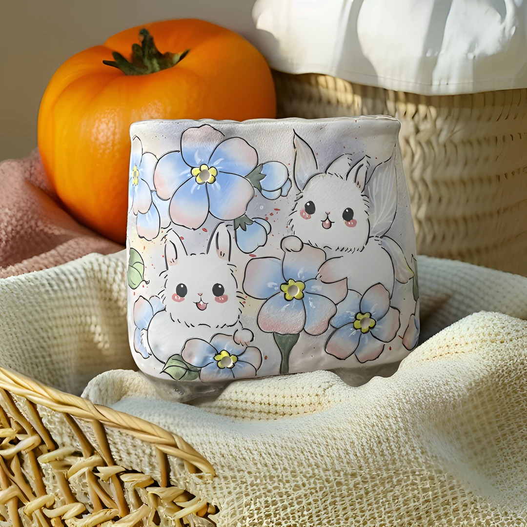 精工手绘粉蓝对兔，高11.2内口10.3