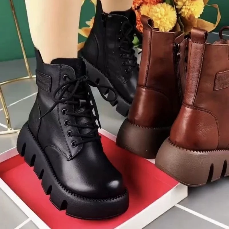 马丁靴女真软皮保暖圆头冬季靴松糕厚底靴子棉鞋女冬加绒休闲短靴