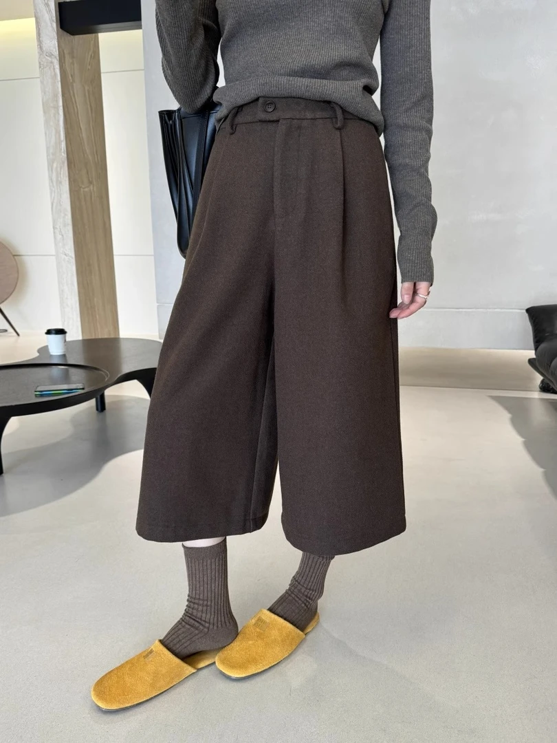 秋冬新款毛呢阔腿裤女高腰直筒休闲八分裤显瘦气质马丁靴裤潮