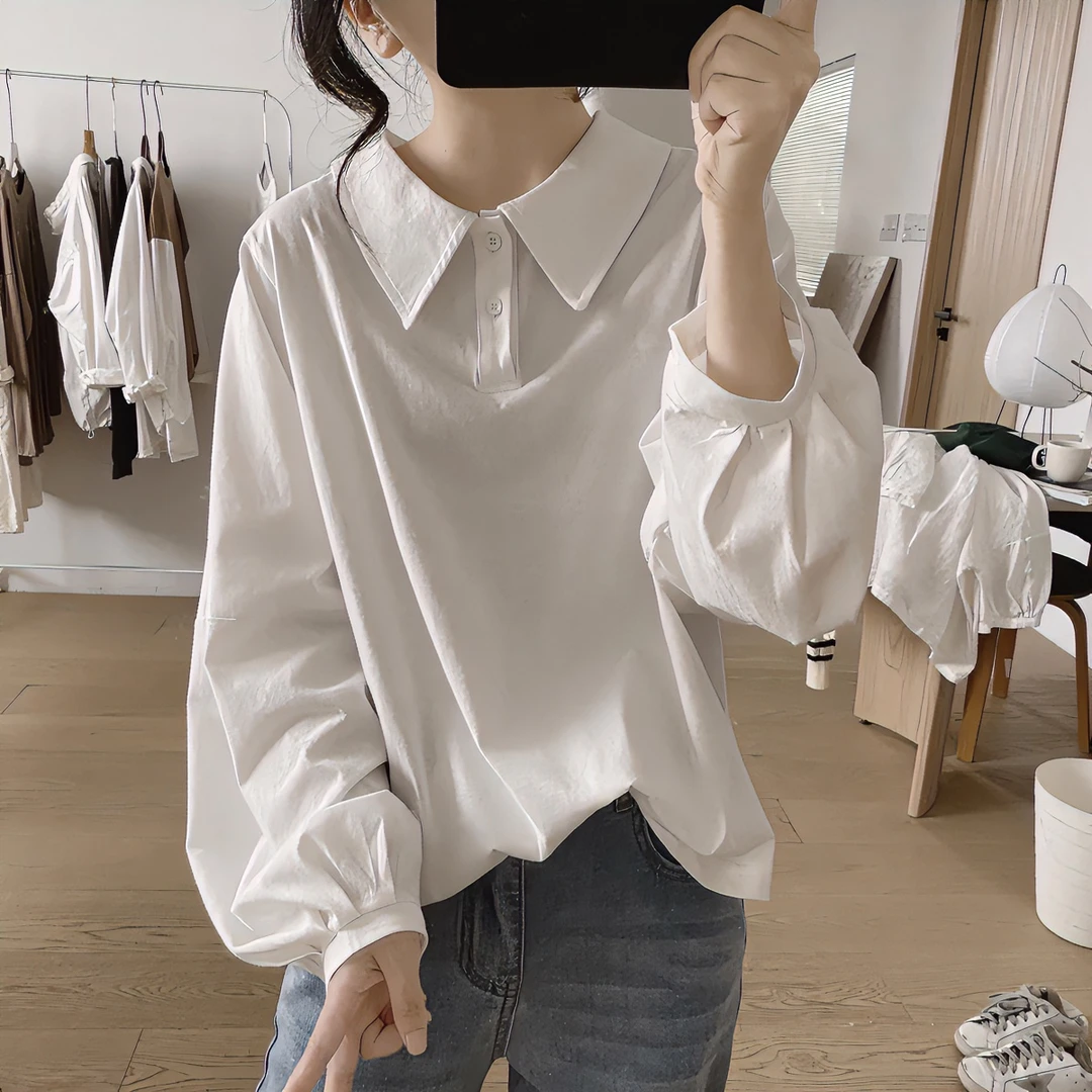 2024春秋新款灯笼袖外套女士宽松大码显瘦娃娃领韩版减龄棉质t恤