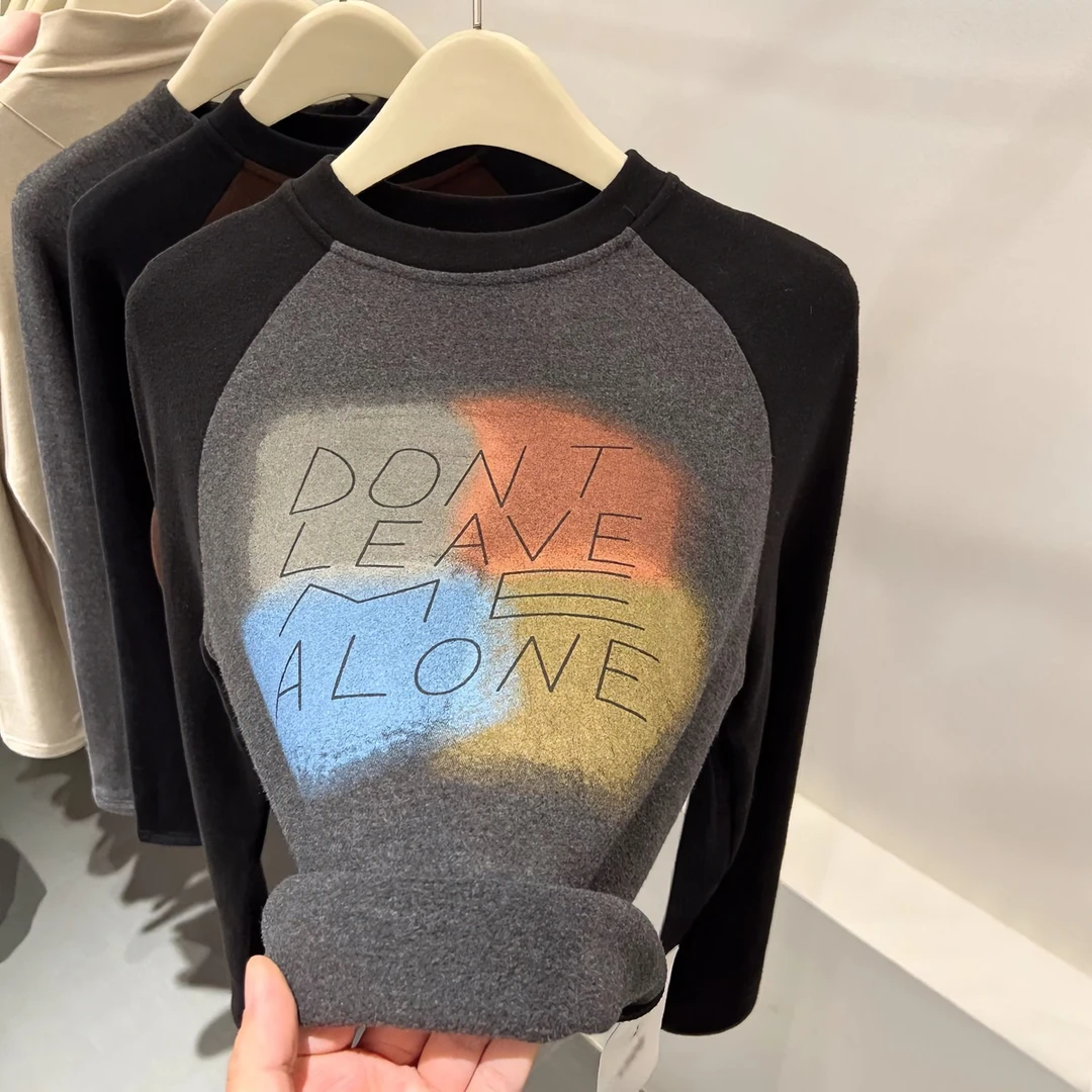 拼接双面德绒加厚T恤半高领针织女2024秋冬新款软糯印花字母上衣