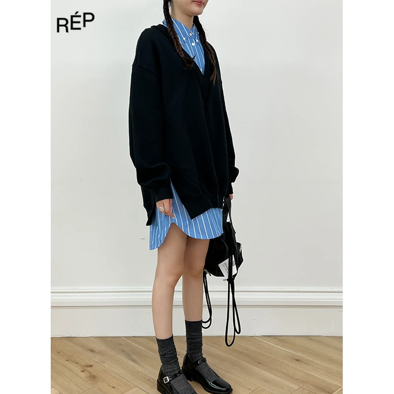 SHORT SENTENCE百搭黑色衬衫拼接假两件卫衣23FW（特价NO退换）