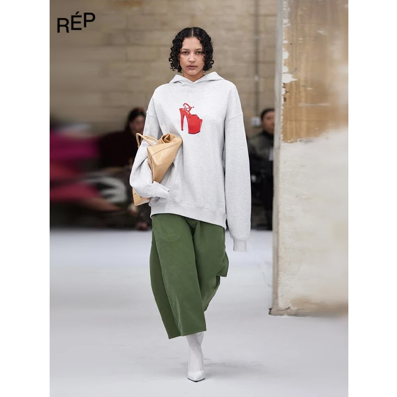 【3折】ABRA设计师品牌浅灰高跟鞋印花连帽卫衣 秋冬新款NO退NO换