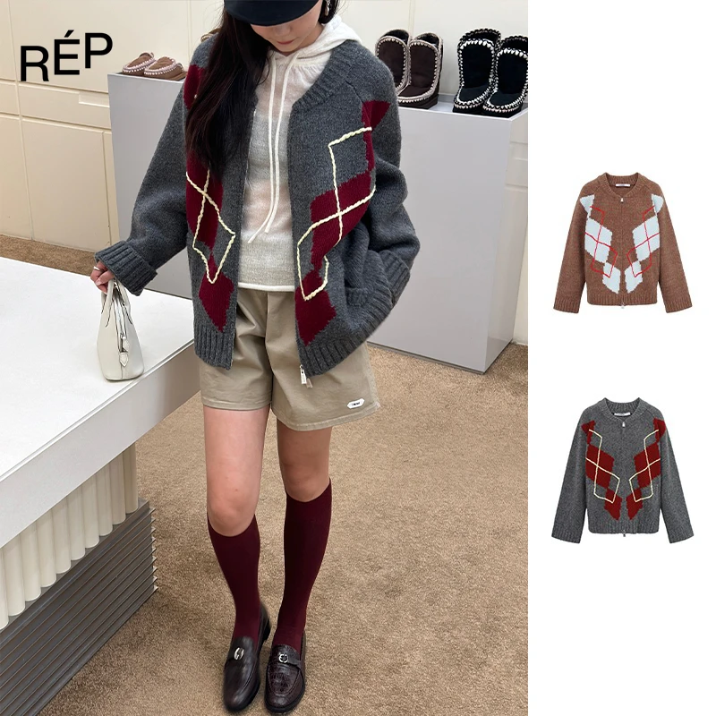 CALVINLUO 花灰/红棕菱格纹拉链开衫25SS 福福NO退NO换不包邮