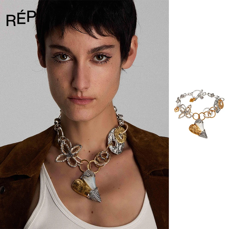 铜项链 YANXUE设计师银色系做旧金银撞色桃心短项链25SS时髦穿搭