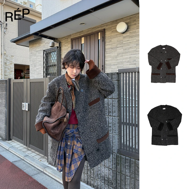 Puzzle piece设计师黑/棕色灯芯绒羊毛拼接外套 早春【特价NO退】