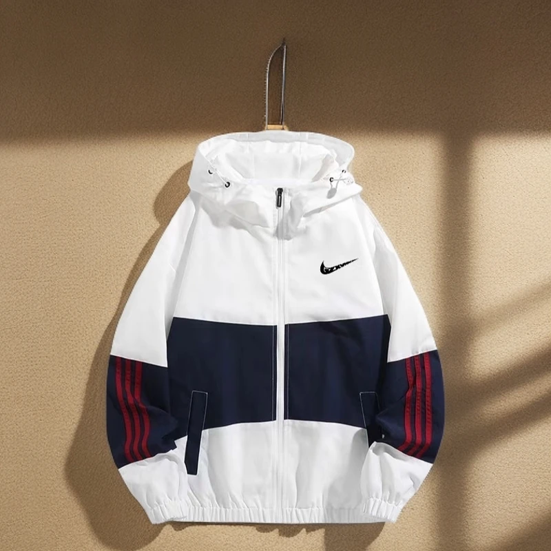 新款连帽休闲运动夹克男士春秋季宽松拼色外套情侣户外