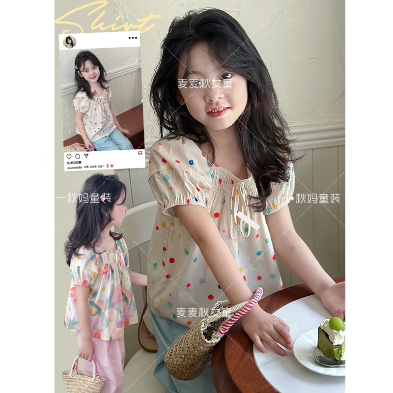 【现货-法式花色泡泡袖打揽小衫+100含量棉+甜美显瘦百搭】女童衬衣
