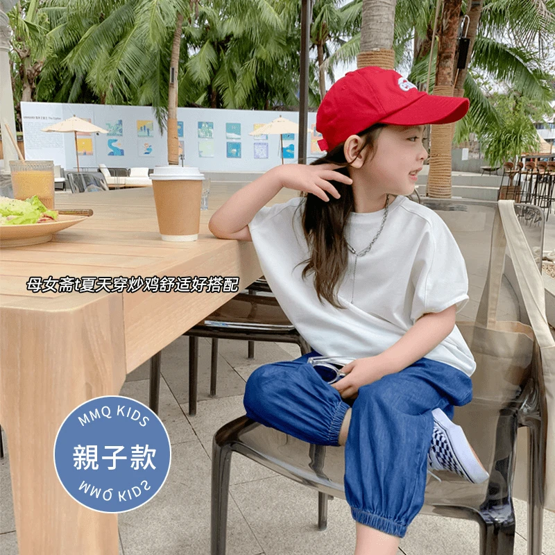 麦麦秋【母女白色短袖T恤+气质显瘦宽松百搭简约】女童夏季上衣