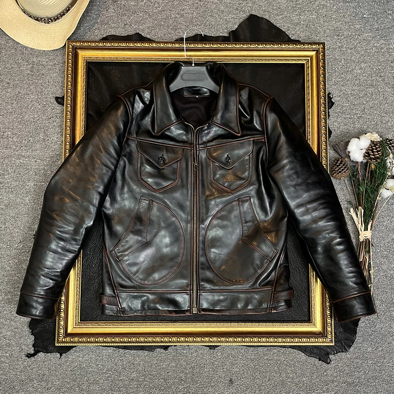 美式复古做旧茶心植鞣手马西部翻领修身门多萨农场主皮夹克