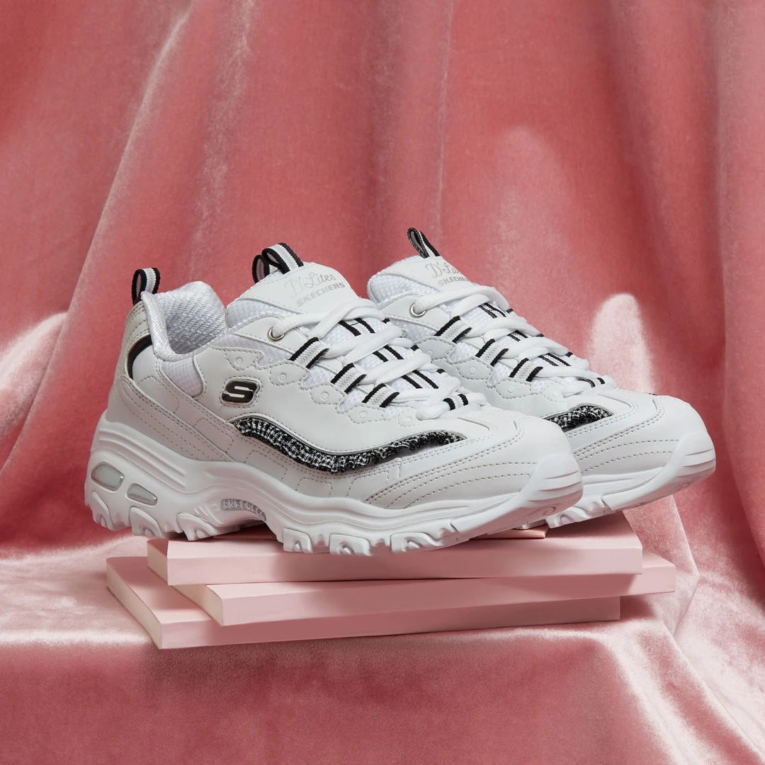 Skechers斯凯奇女鞋新款熊猫老爹鞋复古格纹荷叶边运动休闲13090